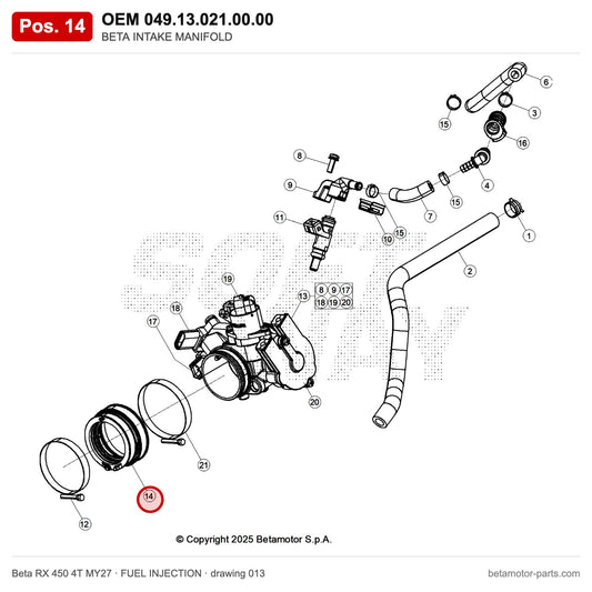 BETA INTAKE MANIFOLD – OEM 049.13.021.00.00, position 14 on the Beta RX 450 4T MY27 fuel injection drawing