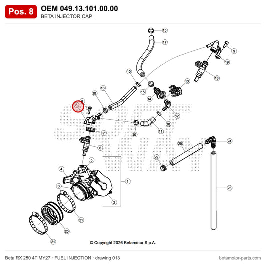 BETA INJECTOR CAP – OEM 049.13.101.00.00, position 8 on the Beta RX 250 4T MY27 fuel injection drawing