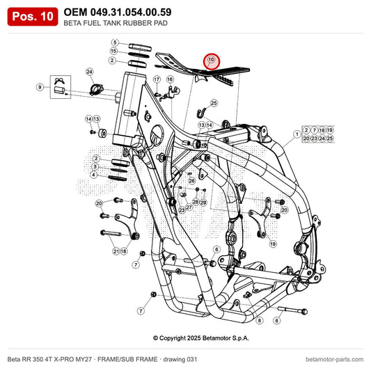 BETA FUEL TANK RUBBER PAD – OEM 049.31.054.00.59, position 10 on the Beta RR 350 4T X-PRO MY27 frame/sub frame drawing