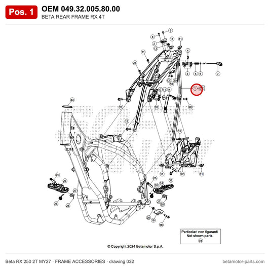 BETA REAR FRAME RX 4T – OEM 049.32.005.80.00, position 1 on the Beta RX 250 2T MY27 frame accessories drawing