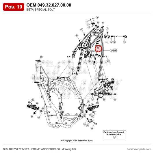 BETA SPACER – OEM 049.32.027.00.00, position 10 on the Beta RX 250 2T MY27 frame accessories drawing