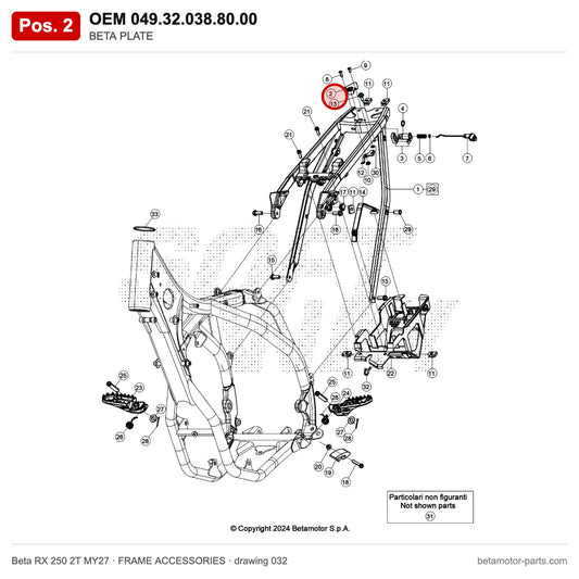 BETA PLATE – OEM 049.32.038.80.00, position 2 on the Beta RX 250 2T MY27 frame accessories drawing