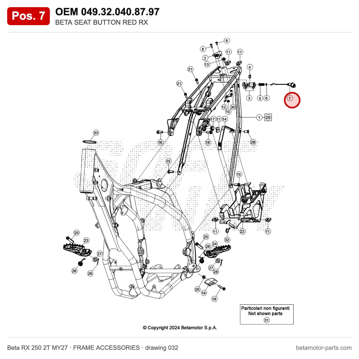 BETA SEAT BUTTON RED RX – OEM 049.32.040.87.97, position 7 on the Beta RX 250 2T MY27 frame accessories drawing