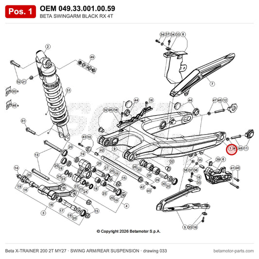 BETA SWINGARM BLACK – OEM 049.33.001.00.59, position 1 on the Beta X-TRAINER 200 2T MY27 swing arm/rear suspension drawing