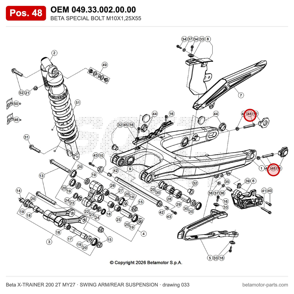 BETA SPECIAL BOLT M10X1,25X55 – OEM 049.33.002.00.00, position 48 on the Beta X-TRAINER 200 2T MY27 swing arm/rear suspension drawing