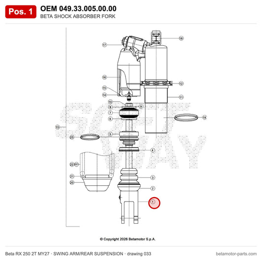 BETA SHOCK ABSORBER FORK – OEM 049.33.005.00.00, position 1 on the Beta RX 250 2T MY27 swing arm/rear suspension drawing