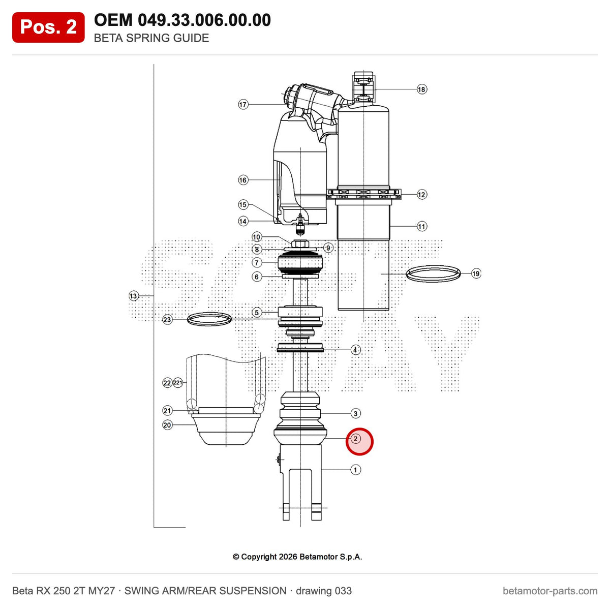 BETA SPRING GUIDE – OEM 049.33.006.00.00, position 2 on the Beta RX 250 2T MY27 swing arm/rear suspension drawing