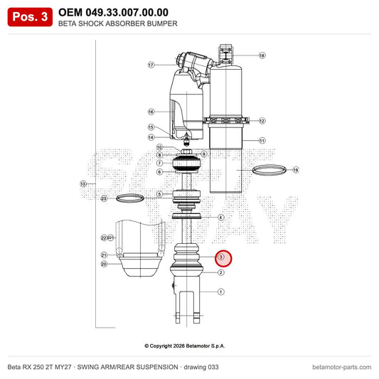 BETA SHOCK ABSORBER BUMPER – OEM 049.33.007.00.00, position 3 on the Beta RX 250 2T MY27 swing arm/rear suspension drawing