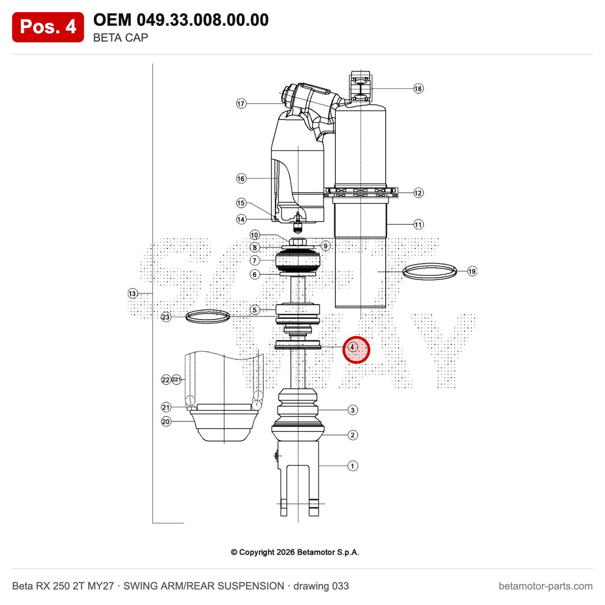 BETA CAP – OEM 049.33.008.00.00, position 4 on the Beta RX 250 2T MY27 swing arm/rear suspension drawing