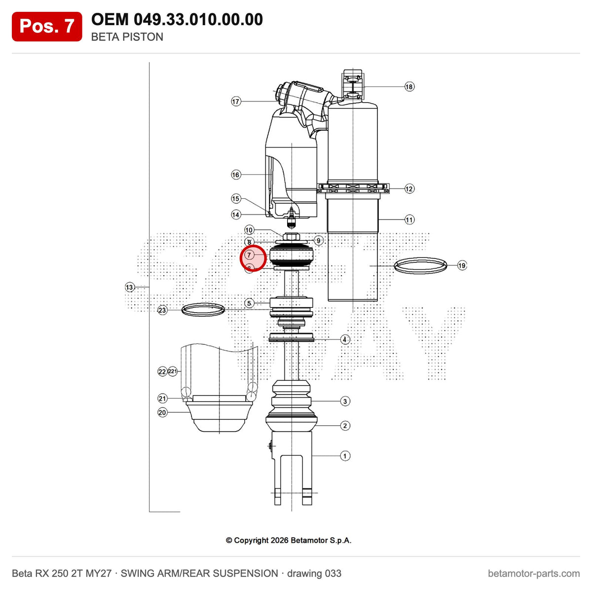BETA PISTON – OEM 049.33.010.00.00, position 7 on the Beta RX 250 2T MY27 swing arm/rear suspension drawing