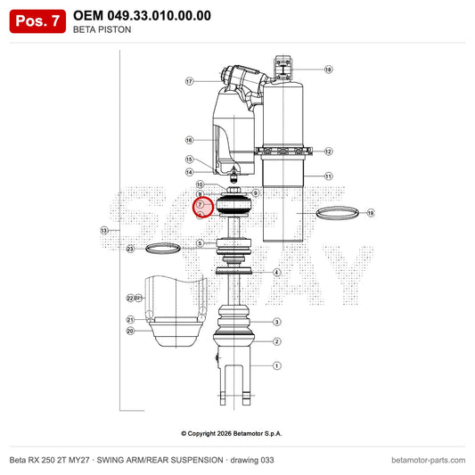 BETA PISTON – OEM 049.33.010.00.00, position 7 on the Beta RX 250 2T MY27 swing arm/rear suspension drawing