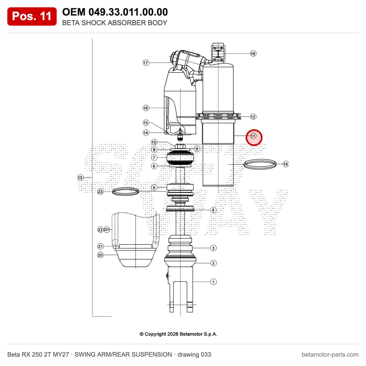 BETA SHOCK ABSORBER BODY – OEM 049.33.011.00.00, position 11 on the Beta RX 250 2T MY27 swing arm/rear suspension drawing
