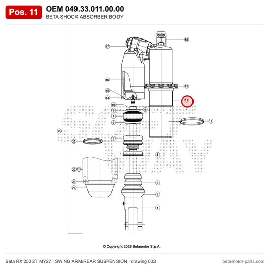 BETA SHOCK ABSORBER BODY – OEM 049.33.011.00.00, position 11 on the Beta RX 250 2T MY27 swing arm/rear suspension drawing