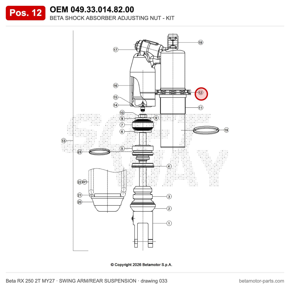BETA SHOCK ABSORBER ADJUSTING NUT - KIT – OEM 049.33.014.82.00, position 12 on the Beta RX 250 2T MY27 swing arm/rear suspension drawing