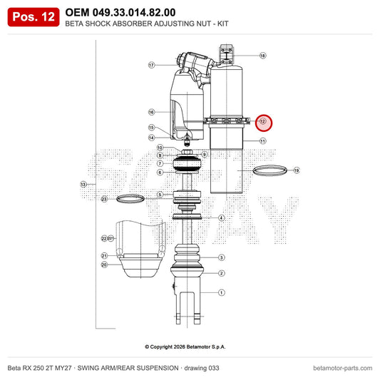 BETA SHOCK ABSORBER ADJUSTING NUT - KIT – OEM 049.33.014.82.00, position 12 on the Beta RX 250 2T MY27 swing arm/rear suspension drawing