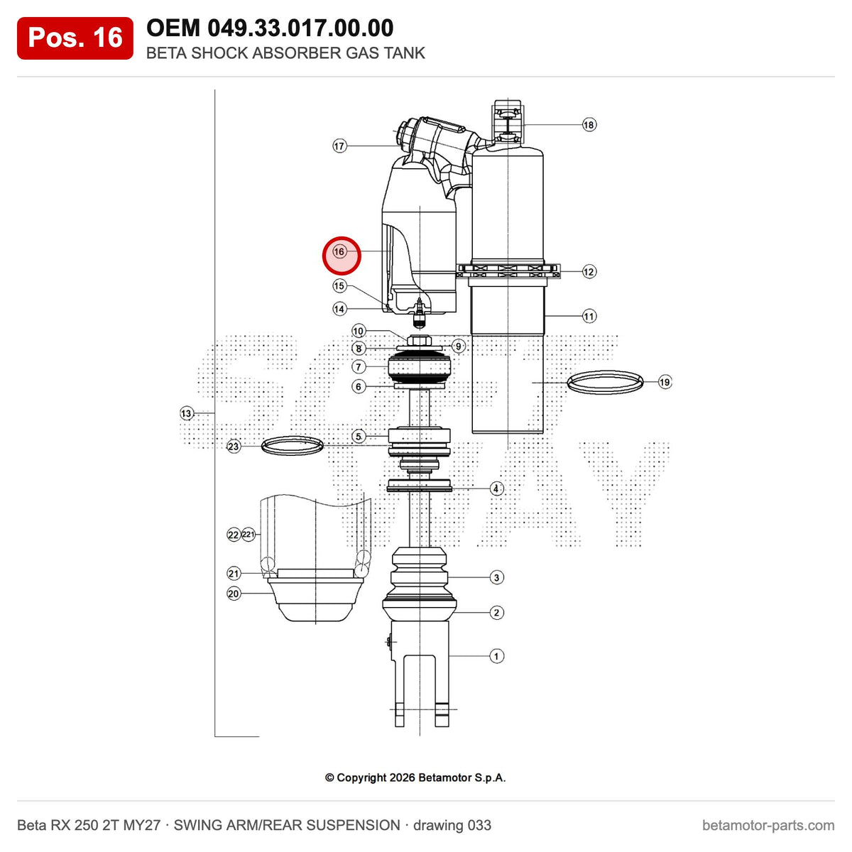 BETA SHOCK ABSORBER GAS TANK – OEM 049.33.017.00.00, position 16 on the Beta RX 250 2T MY27 swing arm/rear suspension drawing
