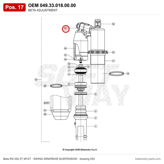 BETA ADJUSTMENT – OEM 049.33.018.00.00, position 17 on the Beta RX 250 2T MY27 swing arm/rear suspension drawing