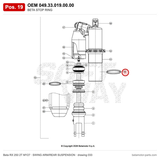 BETA STOP RING – OEM 049.33.019.00.00, position 19 on the Beta RX 250 2T MY27 swing arm/rear suspension drawing