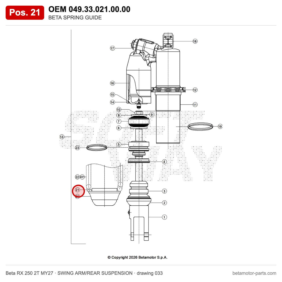BETA SPRING GUIDE – OEM 049.33.021.00.00, position 21 on the Beta RX 250 2T MY27 swing arm/rear suspension drawing