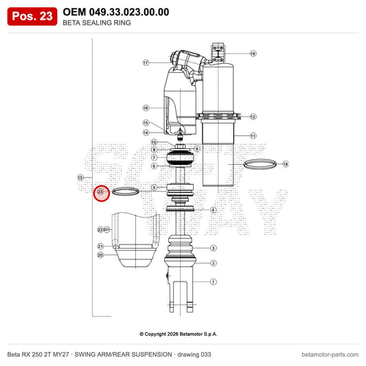 BETA SEALING RING – OEM 049.33.023.00.00, position 23 on the Beta RX 250 2T MY27 swing arm/rear suspension drawing