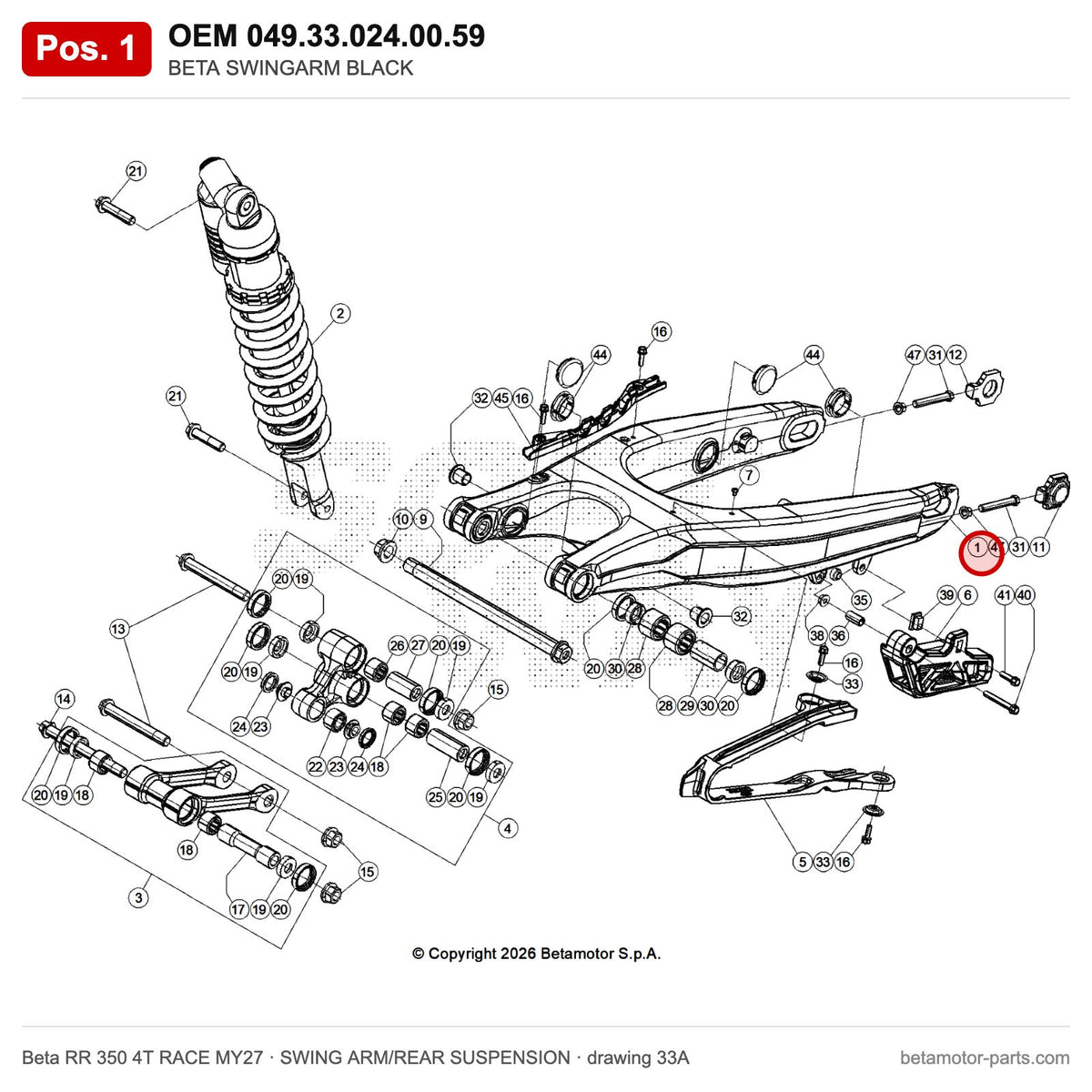 BETA SWINGARM BLACK – OEM 049.33.024.00.59, position 1 on the Beta RR 350 4T RACE MY27 swing arm/rear suspension drawing