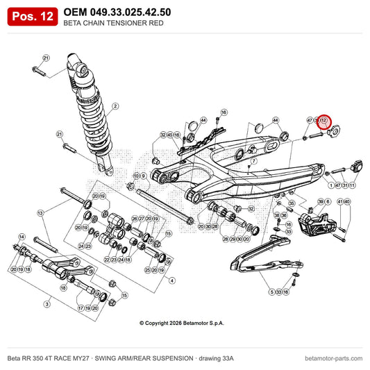 BETA CHAIN TENSIONER RED – OEM 049.33.025.42.50, position 12 on the Beta RR 350 4T RACE MY27 swing arm/rear suspension drawing