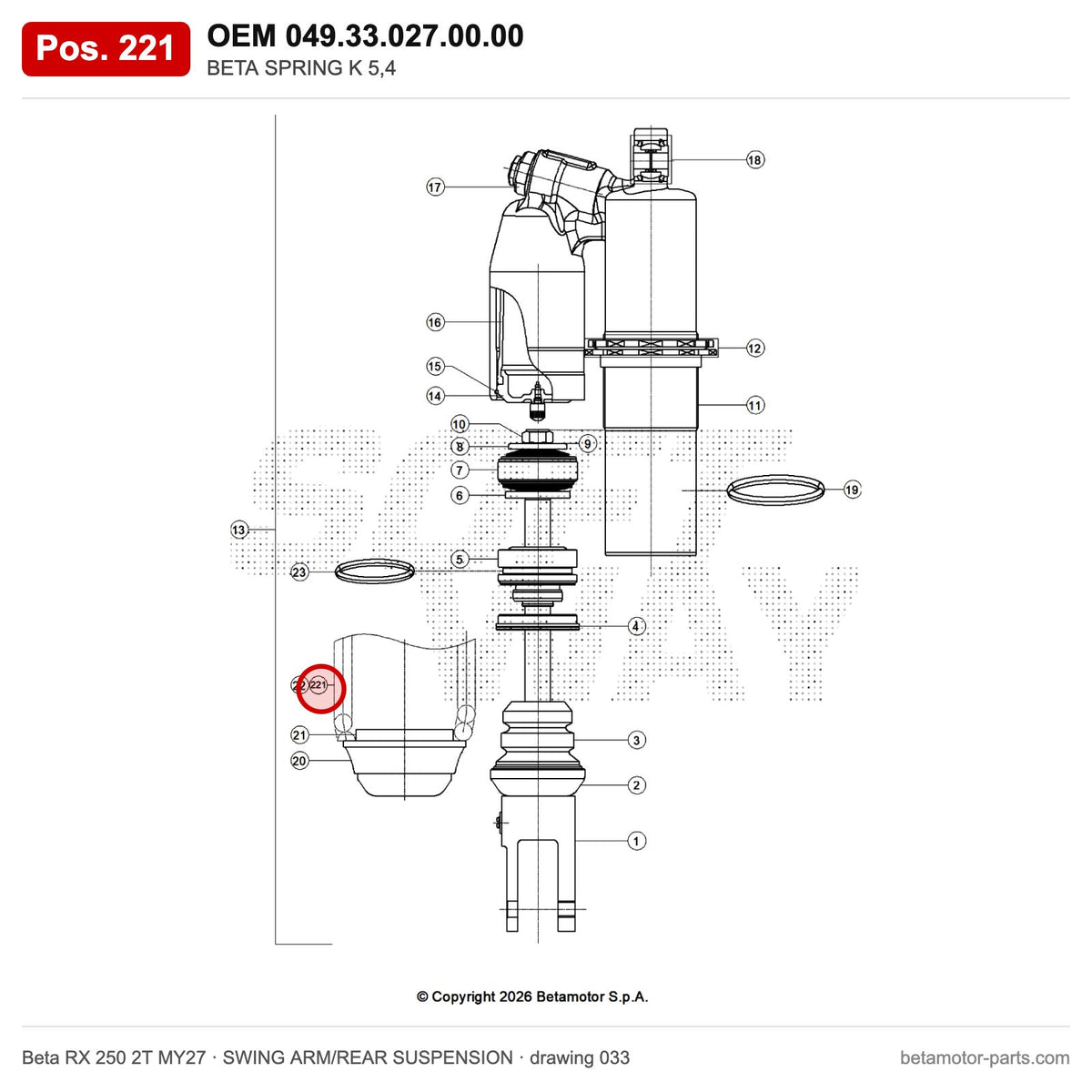 BETA SPRING K 5,4 – OEM 049.33.027.00.00, position 221 on the Beta RX 250 2T MY27 swing arm/rear suspension drawing