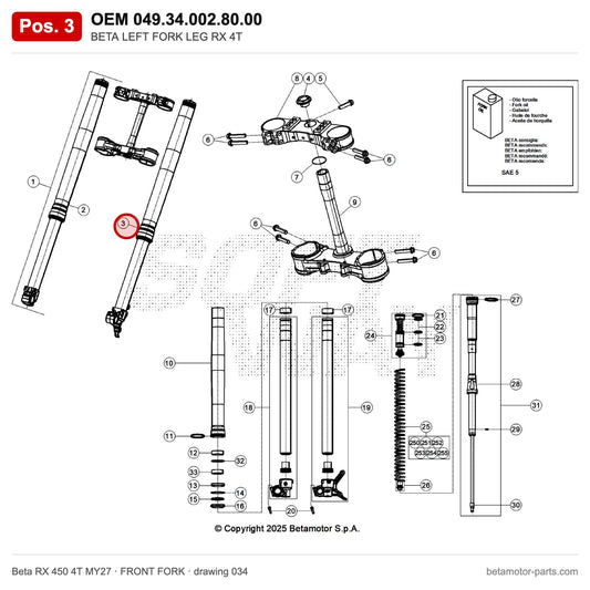 BETA LEFT FORK LEG RX 4T – OEM 049.34.002.80.00, position 3 on the Beta RX 450 4T MY27 front fork drawing