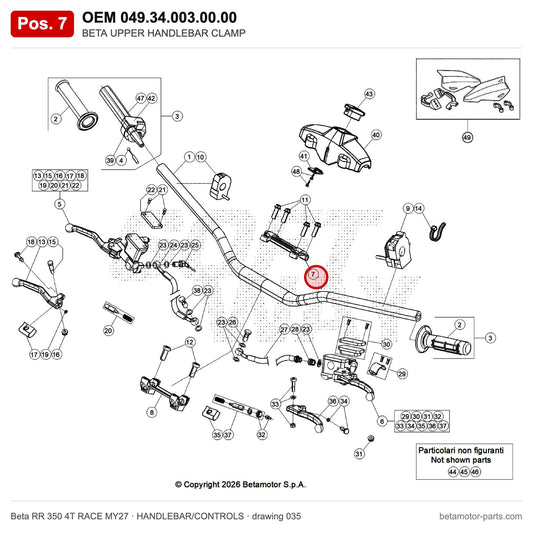 BETA UPPER HANDLEBAR CLAMP – OEM 049.34.003.00.00, position 7 on the Beta RR 350 4T RACE MY27 handlebar/controls drawing