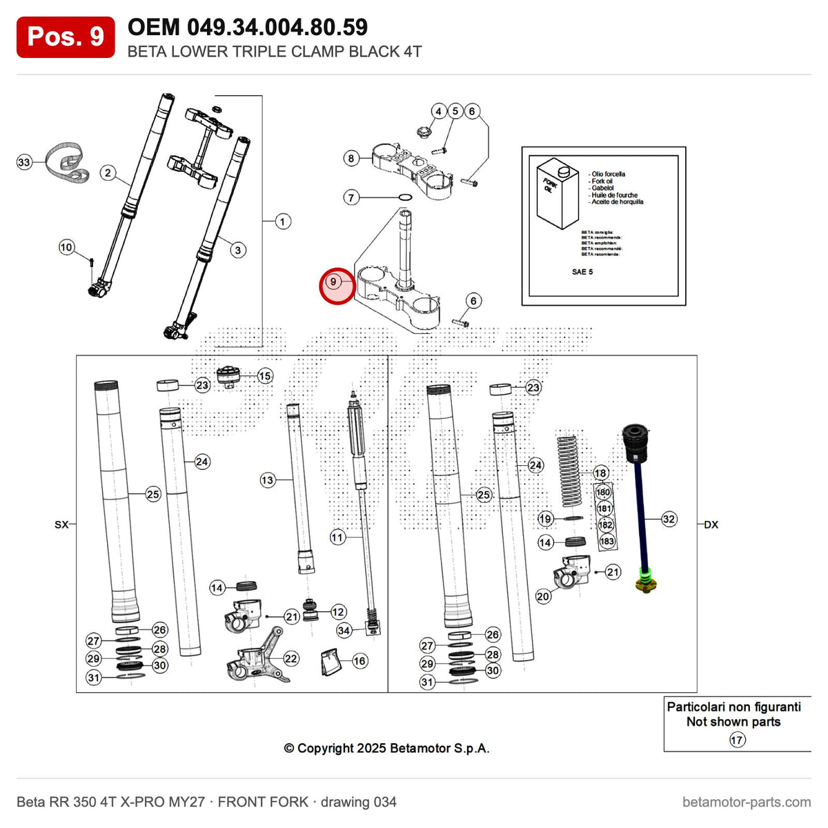 BETA LOWER TRIPLE CLAMP BLACK 4T – OEM 049.34.004.80.59, position 9 on the Beta RR 350 4T X-PRO MY27 front fork drawing