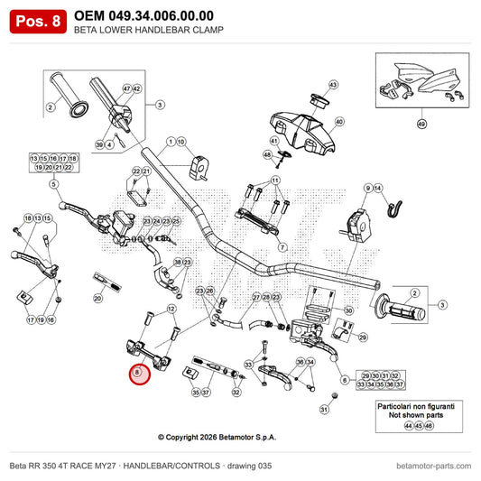 BETA LOWER HANDLEBAR CLAMP – OEM 049.34.006.00.00, position 8 on the Beta RR 350 4T RACE MY27 handlebar/controls drawing