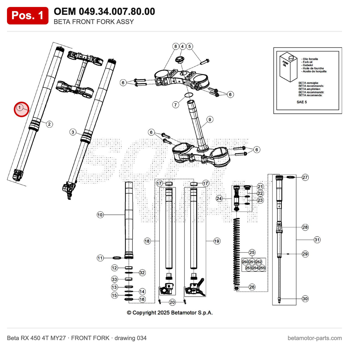 BETA FRONT FORK ASSY RX 4T 450 – OEM 049.34.007.80.00, position 1 on the Beta RX 450 4T MY27 front fork drawing