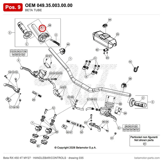 BETA TUBE – OEM 049.35.003.00.00, position 9 on the Beta RX 450 4T MY27 handlebar/controls drawing