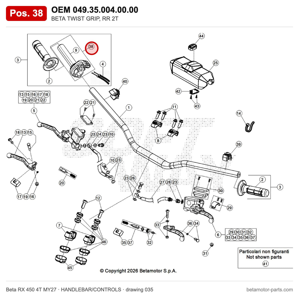 BETA THROTTLE CONTROL – OEM 049.35.004.00.00, position 38 on the Beta RX 450 4T MY27 handlebar/controls drawing