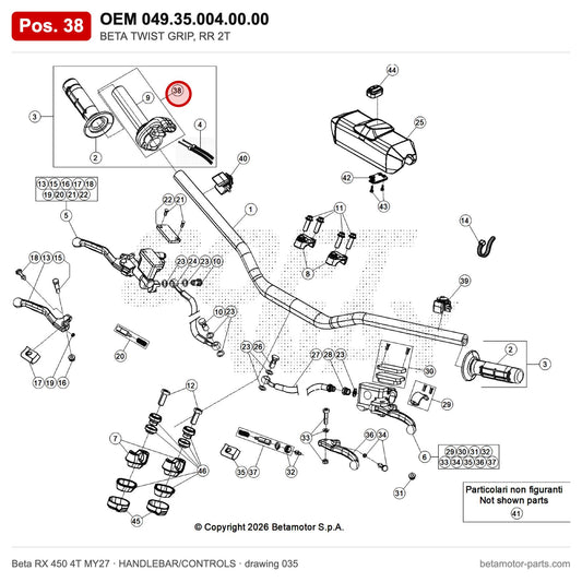 BETA THROTTLE CONTROL – OEM 049.35.004.00.00, position 38 on the Beta RX 450 4T MY27 handlebar/controls drawing