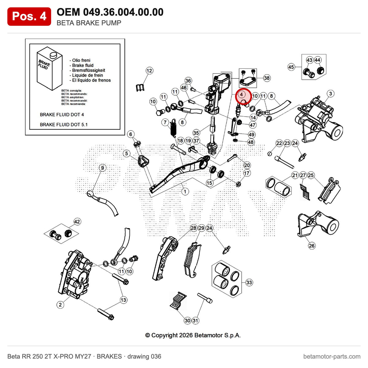BETA BRAKE PUMP – OEM 049.36.004.00.00, position 4 on the Beta RR 250 2T X-PRO MY27 brakes drawing