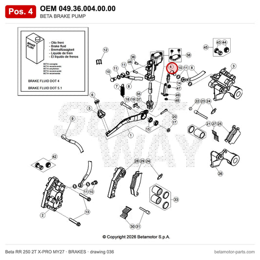 BETA BRAKE PUMP – OEM 049.36.004.00.00, position 4 on the Beta RR 250 2T X-PRO MY27 brakes drawing