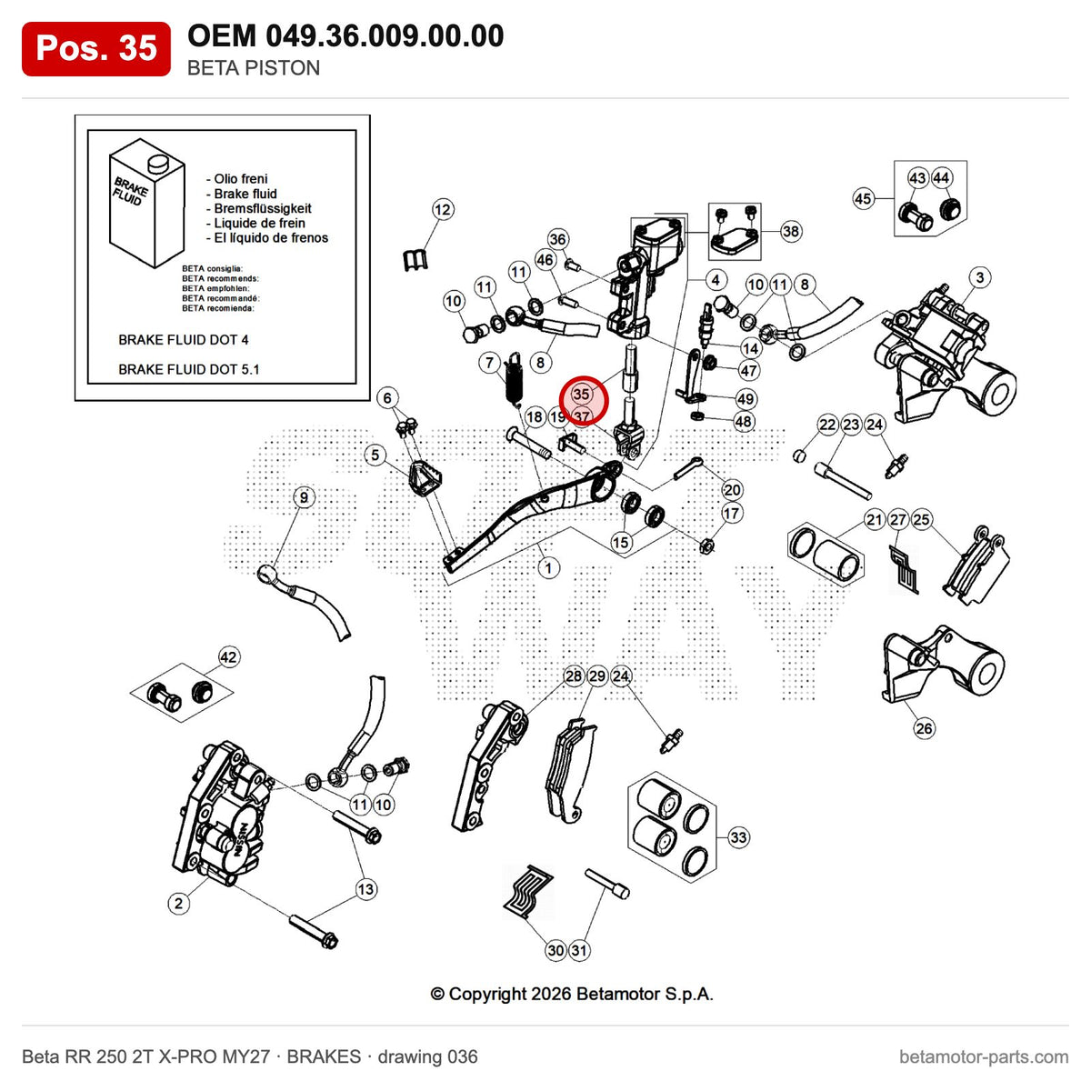 BETA PISTON – OEM 049.36.009.00.00, position 35 on the Beta RR 250 2T X-PRO MY27 brakes drawing