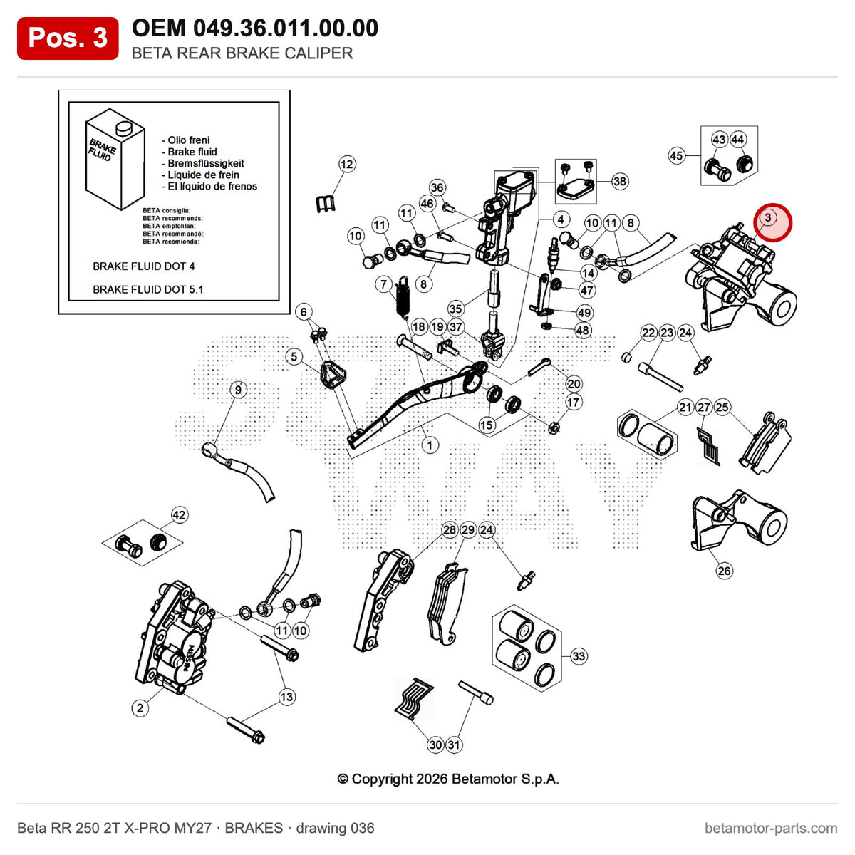BETA REAR BRAKE CALIPER – OEM 049.36.011.00.00, position 3 on the Beta RR 250 2T X-PRO MY27 brakes drawing