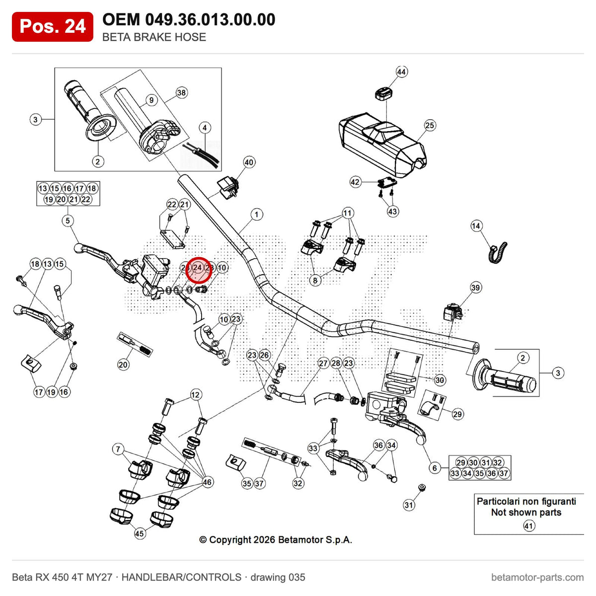 BETA BRAKE HOSE – OEM 049.36.013.00.00, position 24 on the Beta RX 450 4T MY27 handlebar/controls drawing