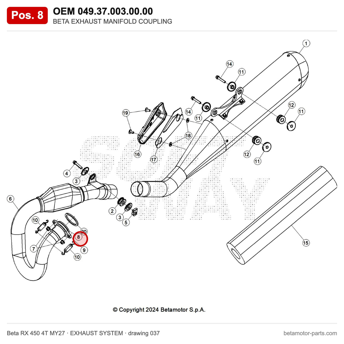 BETA EXHAUST MANIFOLD COUPLING – OEM 049.37.003.00.00, position 8 on the Beta RX 450 4T MY27 exhaust system drawing