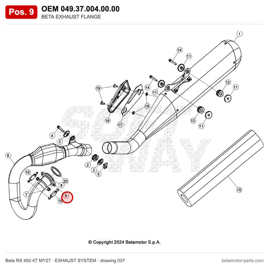 BETA EXHAUST FLANGE – OEM 049.37.004.00.00, position 9 on the Beta RX 450 4T MY27 exhaust system drawing