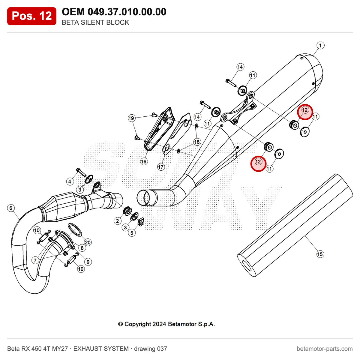 BETA SILENT BLOCK – OEM 049.37.010.00.00, position 12 on the Beta RX 450 4T MY27 exhaust system drawing