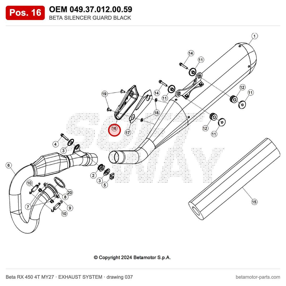 BETA SILENCER GUARD BLACK – OEM 049.37.012.00.59, position 16 on the Beta RX 450 4T MY27 exhaust system drawing