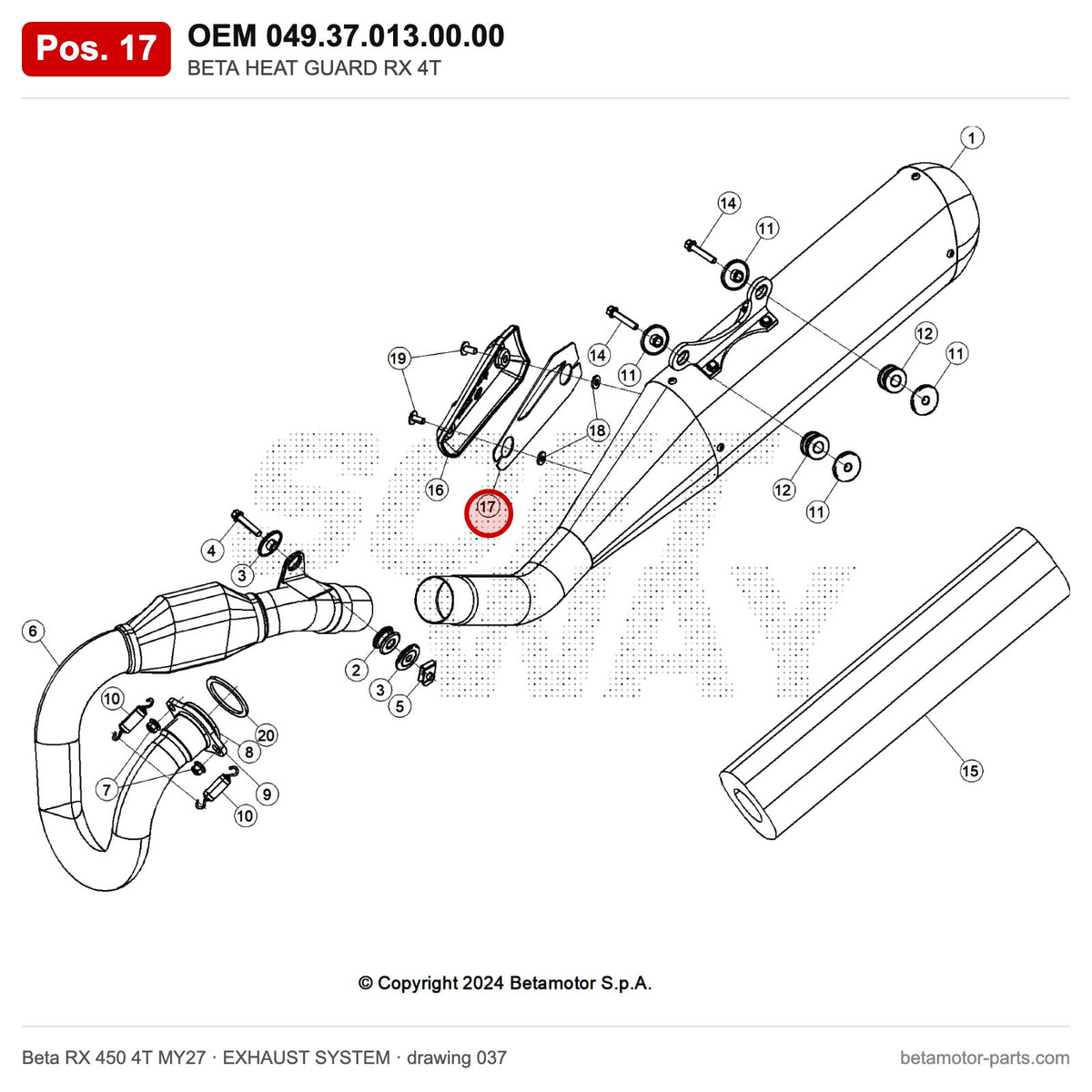 BETA HEAT GUARD RX 4T – OEM 049.37.013.00.00, position 17 on the Beta RX 450 4T MY27 exhaust system drawing