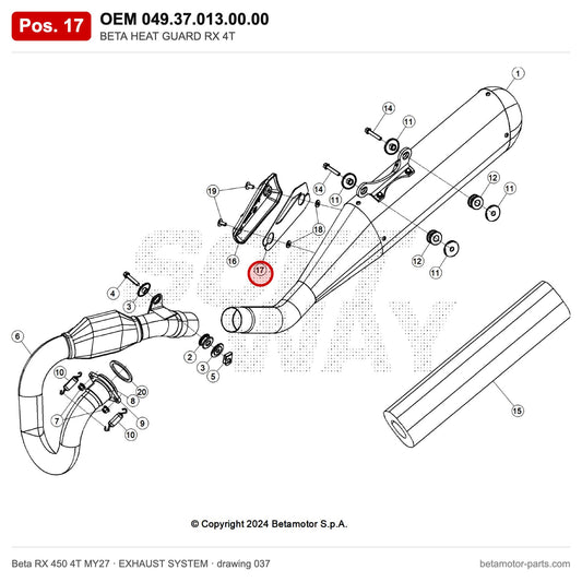 BETA HEAT GUARD RX 4T – OEM 049.37.013.00.00, position 17 on the Beta RX 450 4T MY27 exhaust system drawing