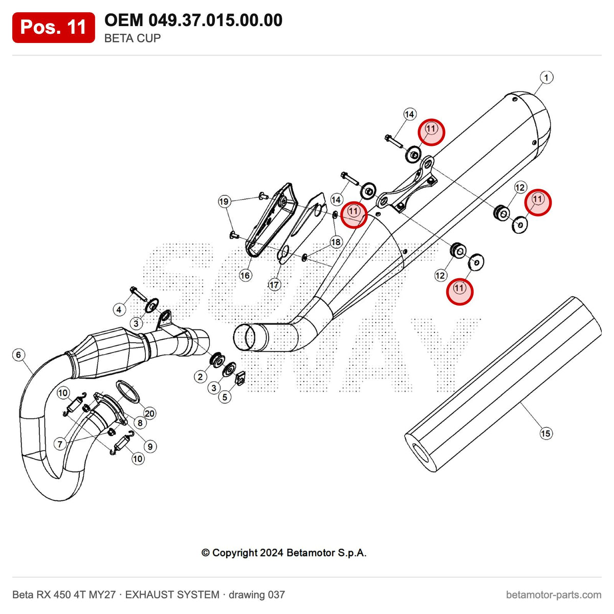 BETA CUP – OEM 049.37.015.00.00, position 11 on the Beta RX 450 4T MY27 exhaust system drawing