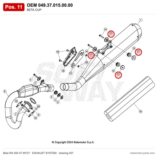 BETA CUP – OEM 049.37.015.00.00, position 11 on the Beta RX 450 4T MY27 exhaust system drawing