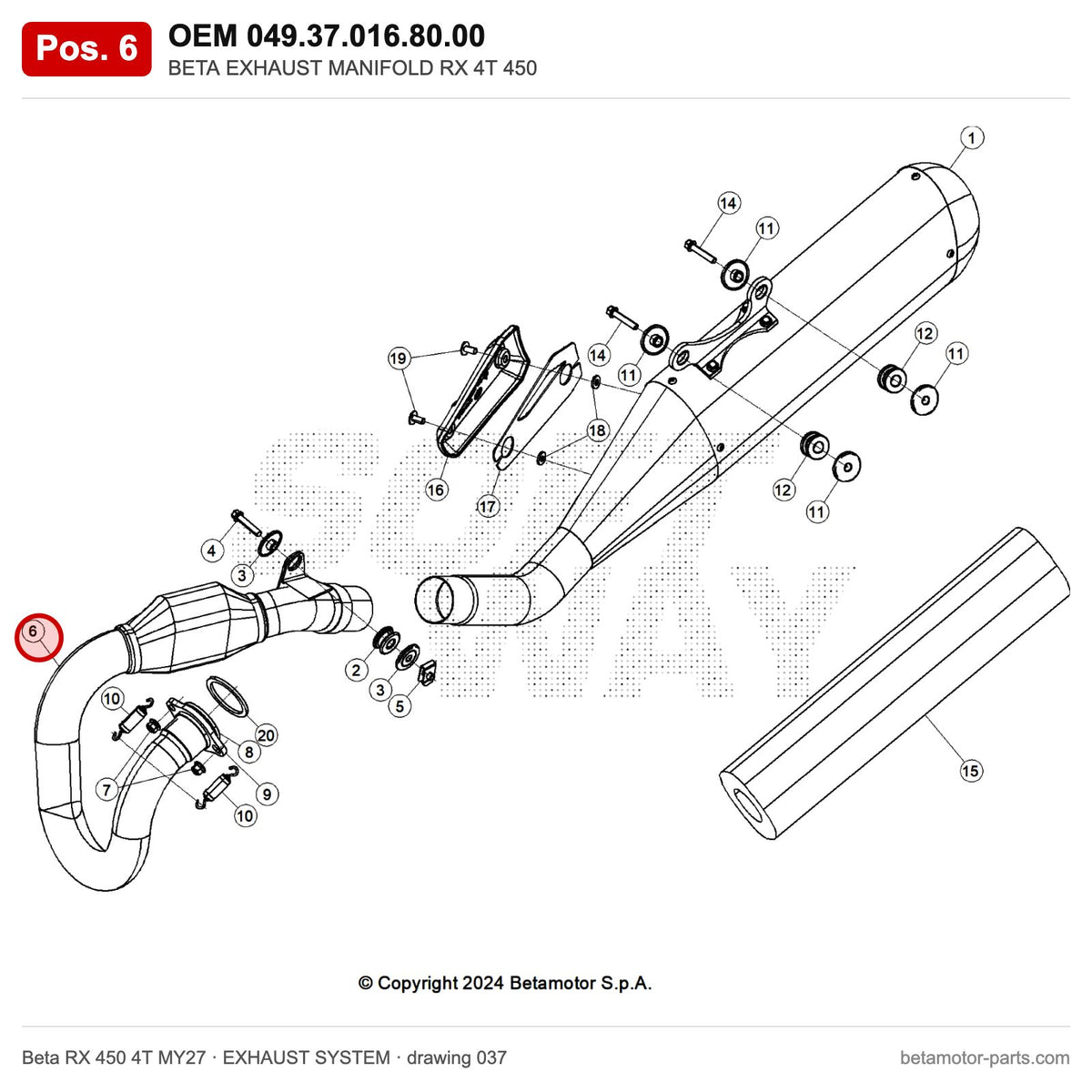 BETA EXHAUST MANIFOLD RX 4T 450 – OEM 049.37.016.80.00, position 6 on the Beta RX 450 4T MY27 exhaust system drawing