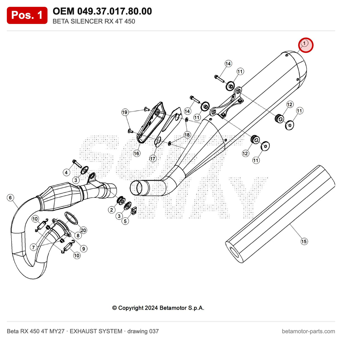 BETA SILENCER RX 4T 450 – OEM 049.37.017.80.00, position 1 on the Beta RX 450 4T MY27 exhaust system drawing